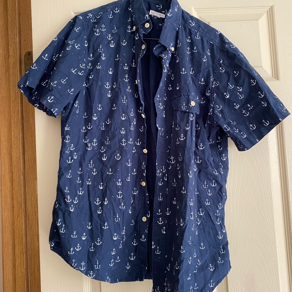 Navy anchor print short sleeve button down